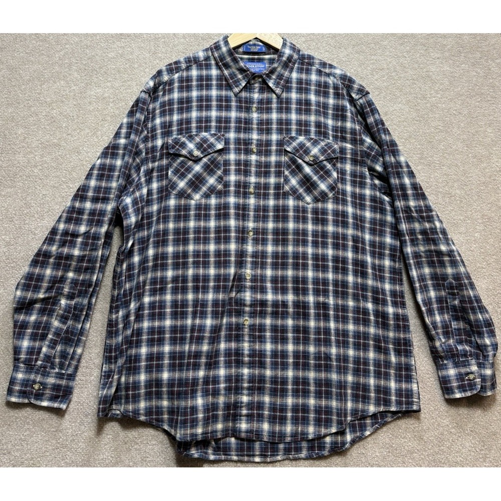 Pendleton Men's Long Sleeve XL Blue Red White Plaid Cotton Flannel Button Down